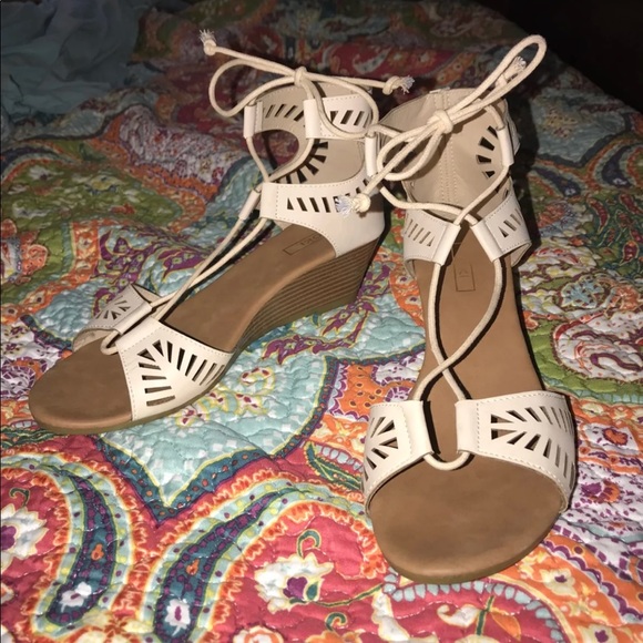 Shoes - Nude lace up wedges size 7.5